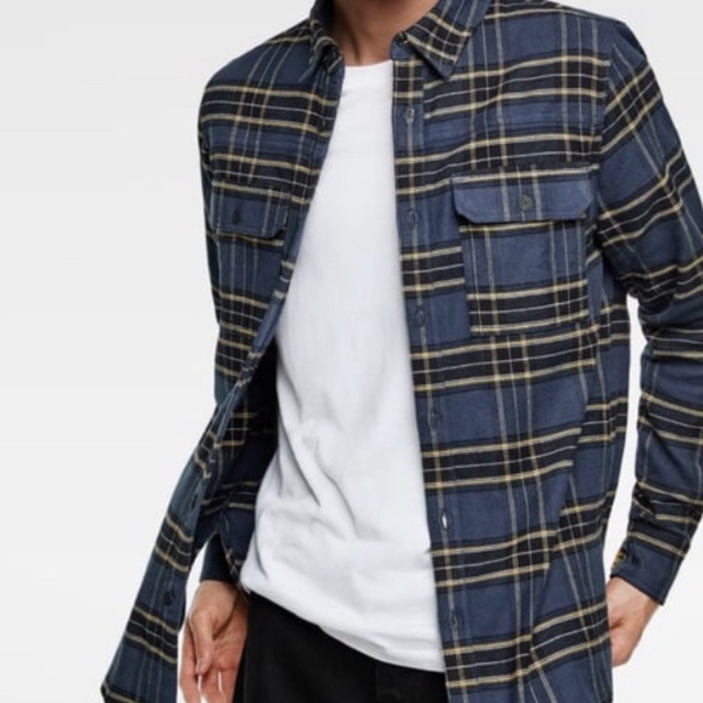 Zara Navy and Yellow Plaid Flannel Shirt